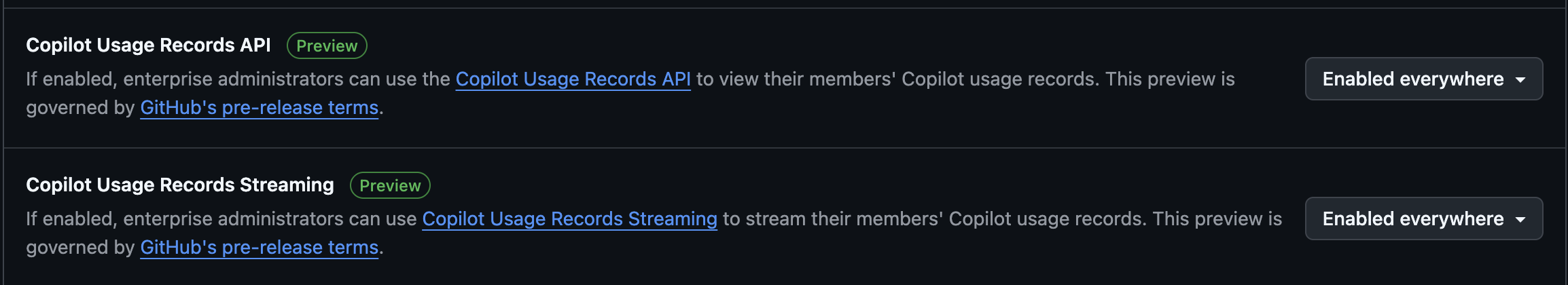 Copilot Usage Records Streaming 和 API 开关截图