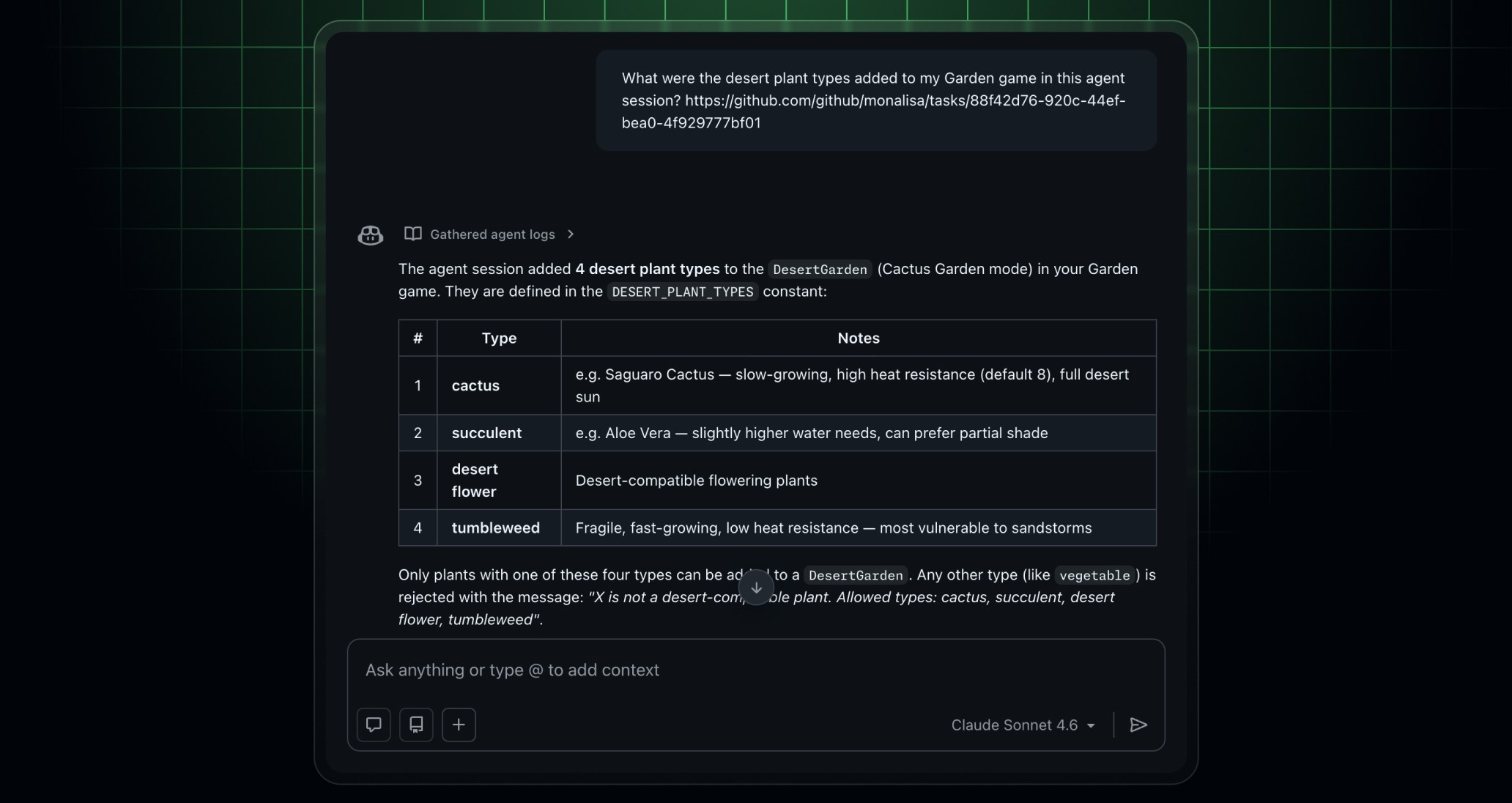 Copilot Chat 使用 agent session logs 回答问题的示例