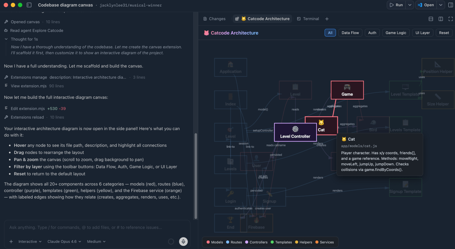 GitHub Copilot Canvas 展示可交互代码架构图