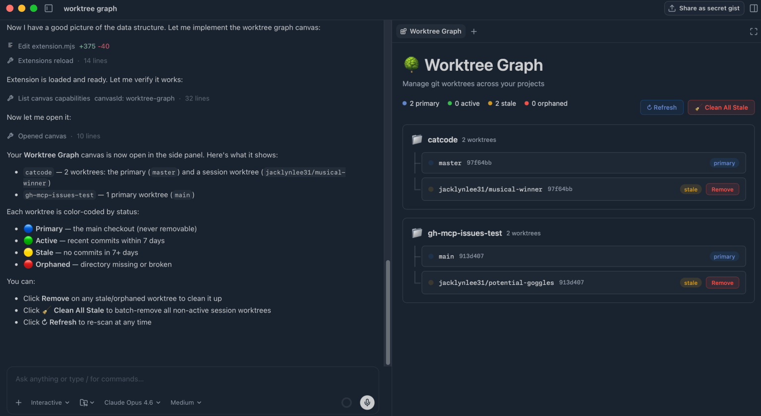 GitHub Copilot Canvas 展示 worktree 状态与操作