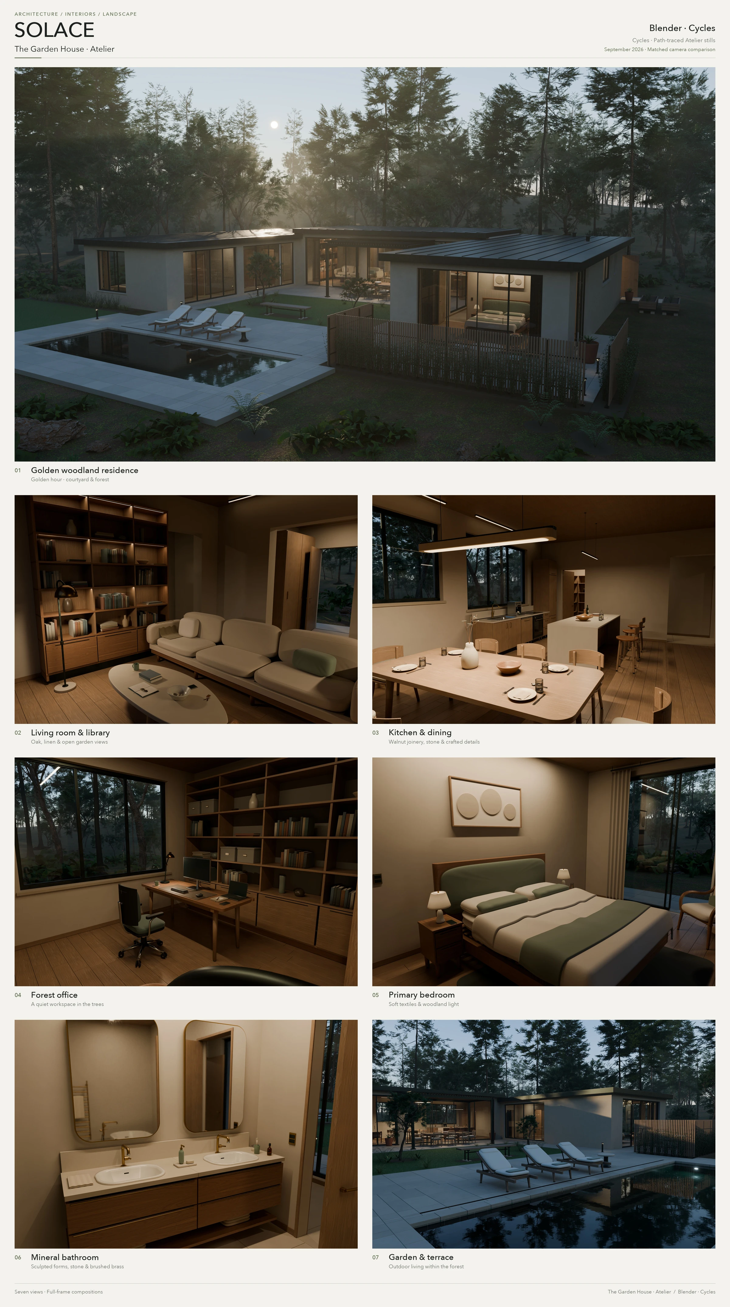 Solace Garden House 的室外、客厅、餐厨、书房、卧室、浴室和露台渲染