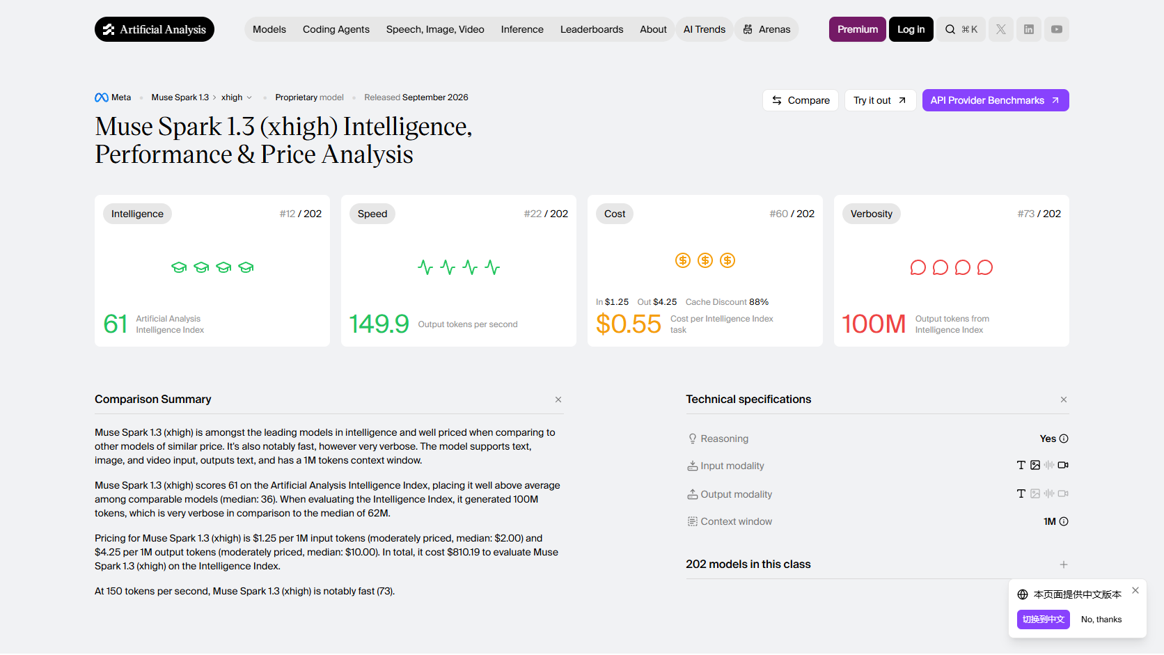Artificial Analysis 的 Muse Spark 1.3 xhigh 模型页面截图。来源：Artificial Analysis；属于第三方评测，不是 Meta 官方 benchmark。